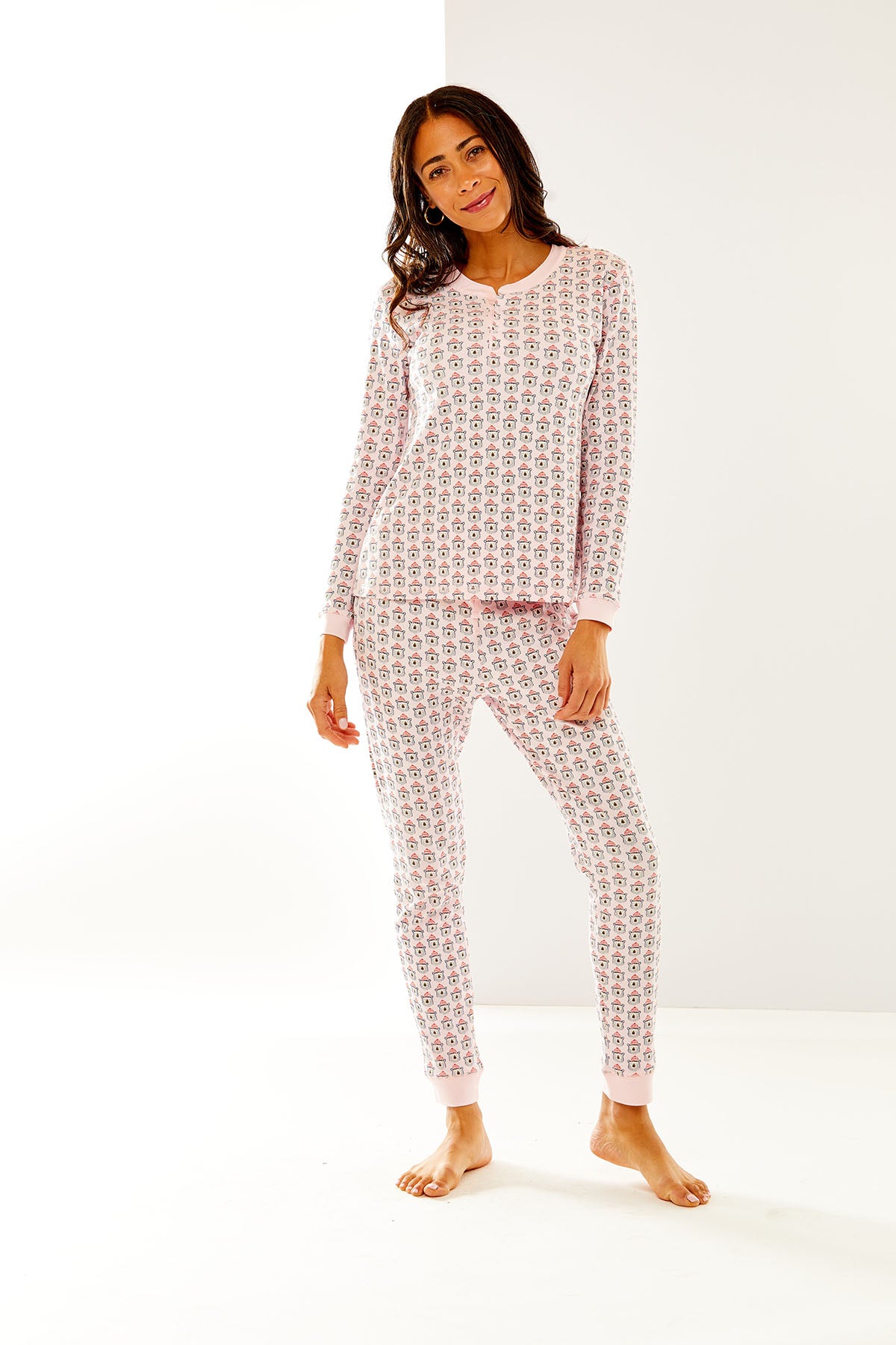 Woman in pippa polar bear pajamas