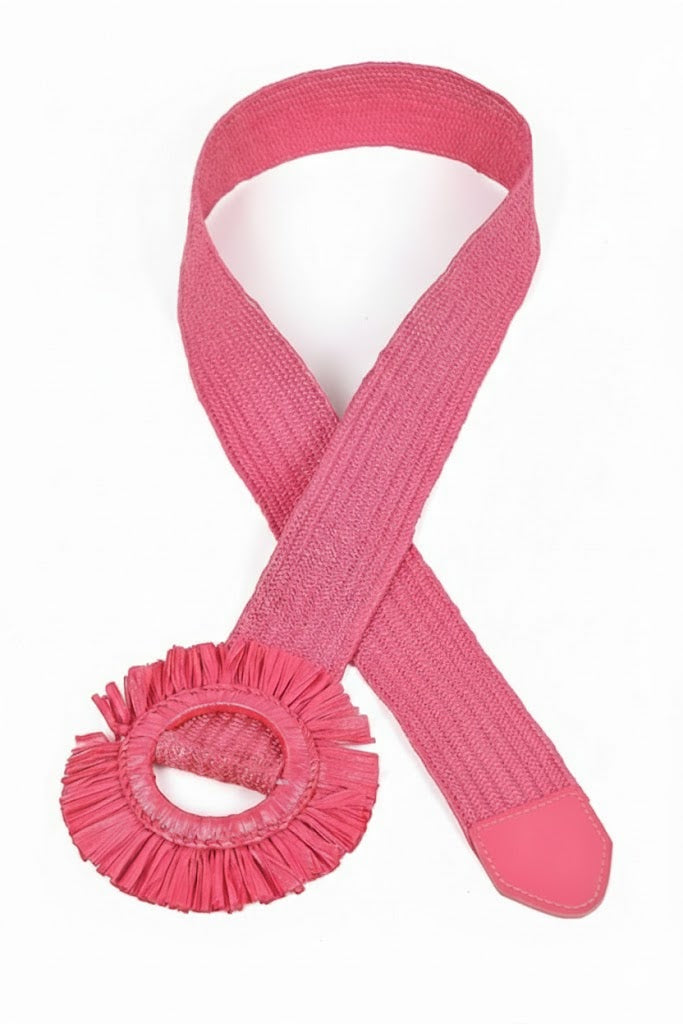 Pink ribbons with a circular accessory on a white background