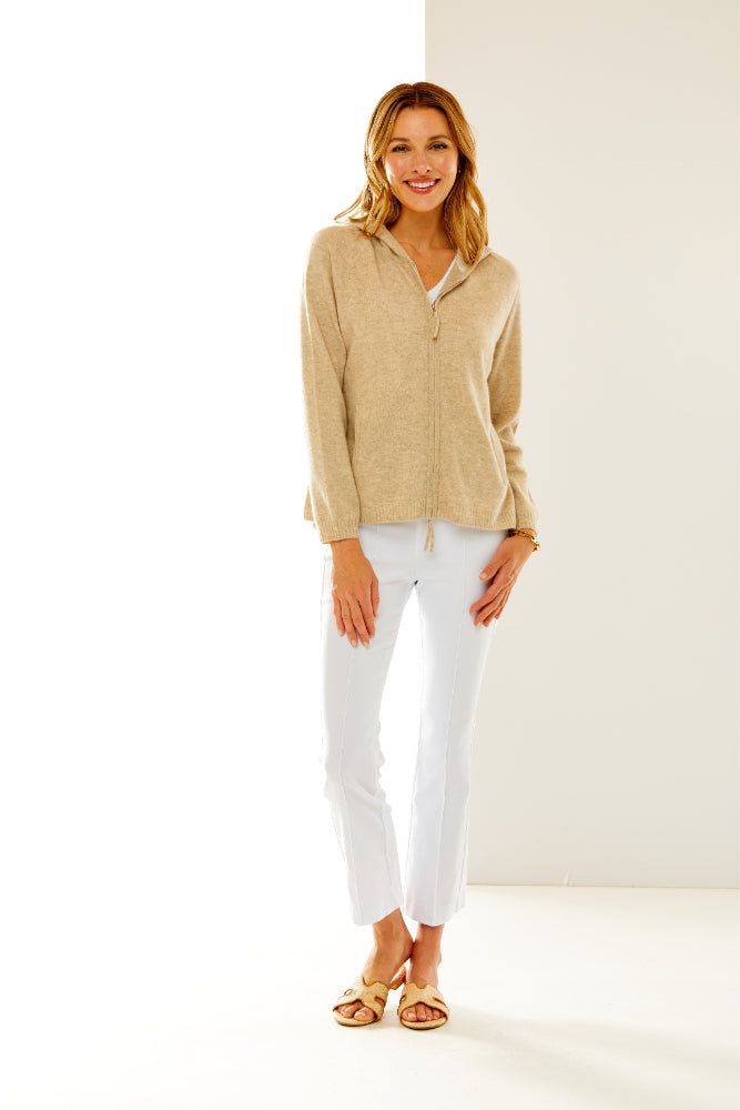Woman in sand cashmere hoodie