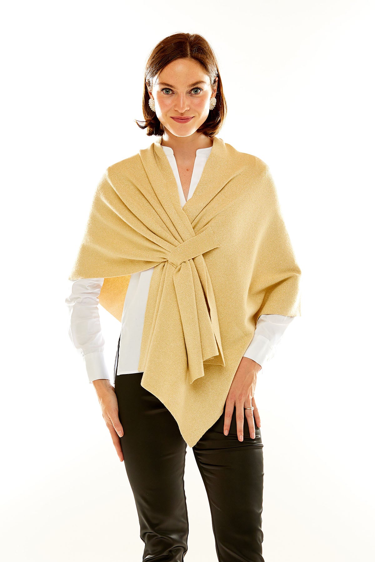 Woman in metallic gold wrap