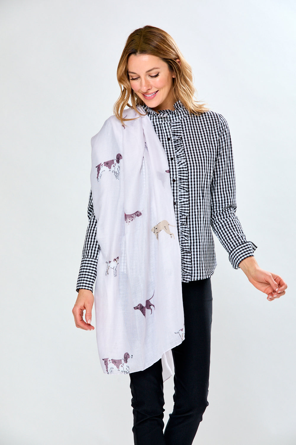 Woman in white dog scarf
