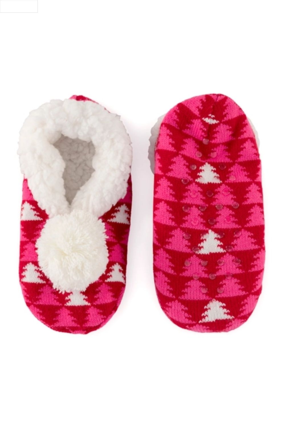 Pair of pink and white patterned slippers with fluffy interior on a white background
