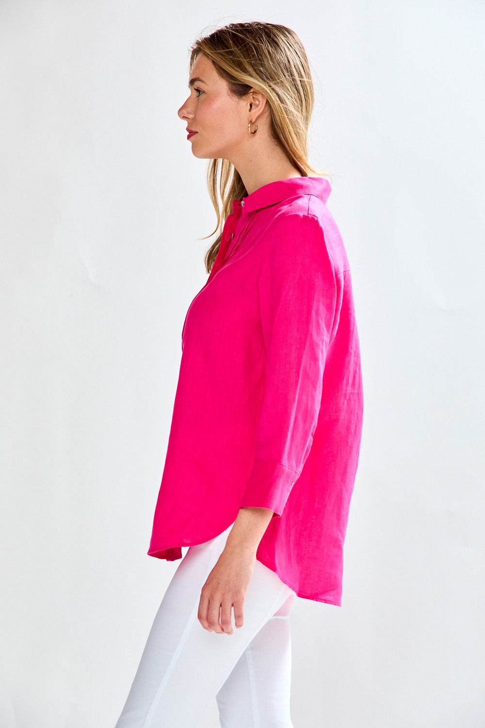 Woman in fuschia blouse