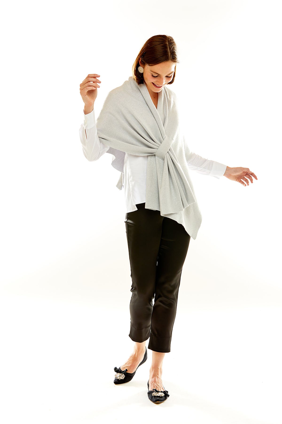 Woman in silver wrap