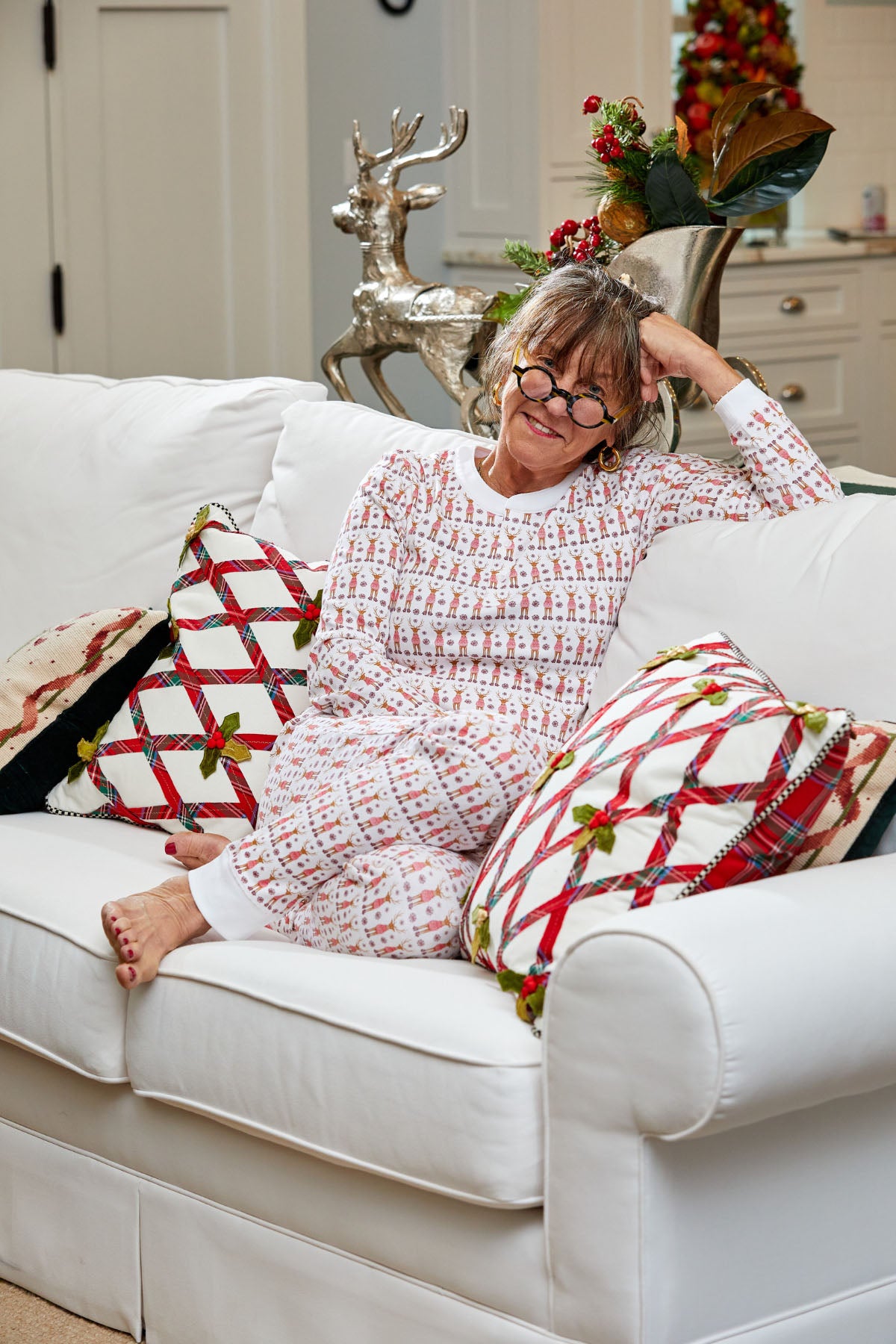 Woman in long pajama set