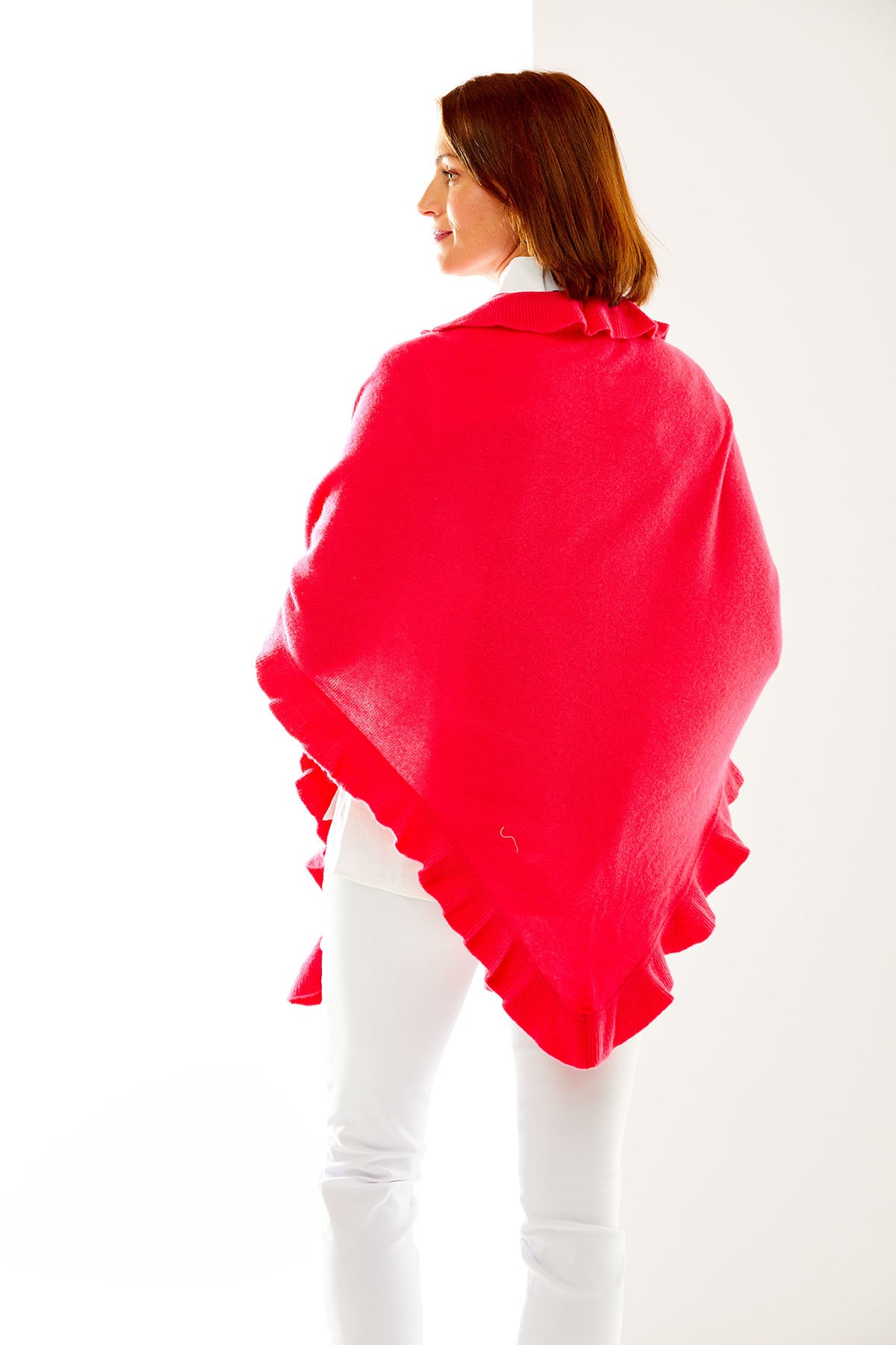 Watermelon cashmere wrap with ruffle edge. Perfect for everyday wear and as a cocktail attire accessory