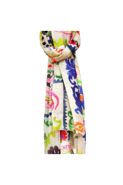Colorful floral-patterned scarf on a white background