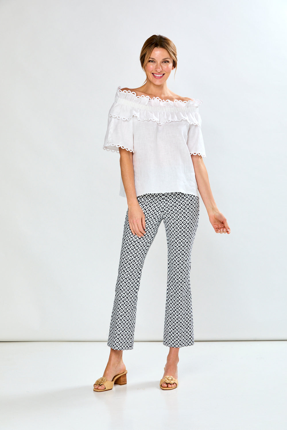 Woman in white linen blouse