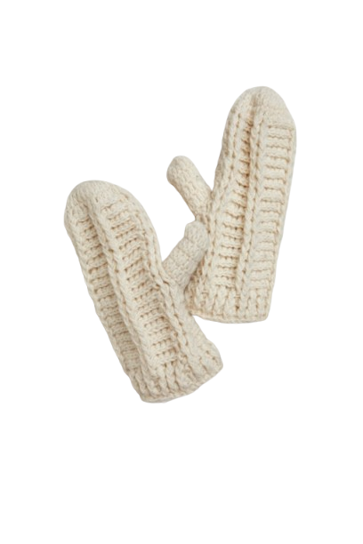 Pair of cream-colored knitted mittens on a white background
