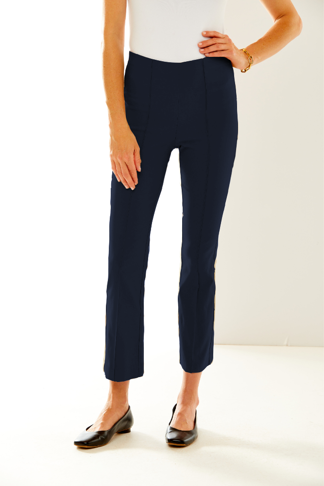A pair of black pull-on bootcut pants with an elastic waist, front and back leg seams, and no visible pockets.