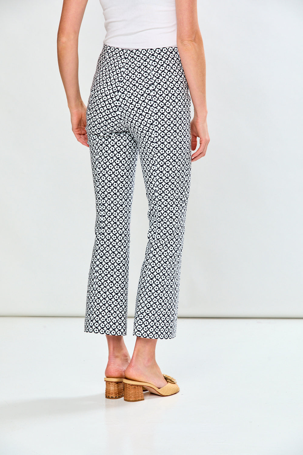 Woman in floral circle pants
