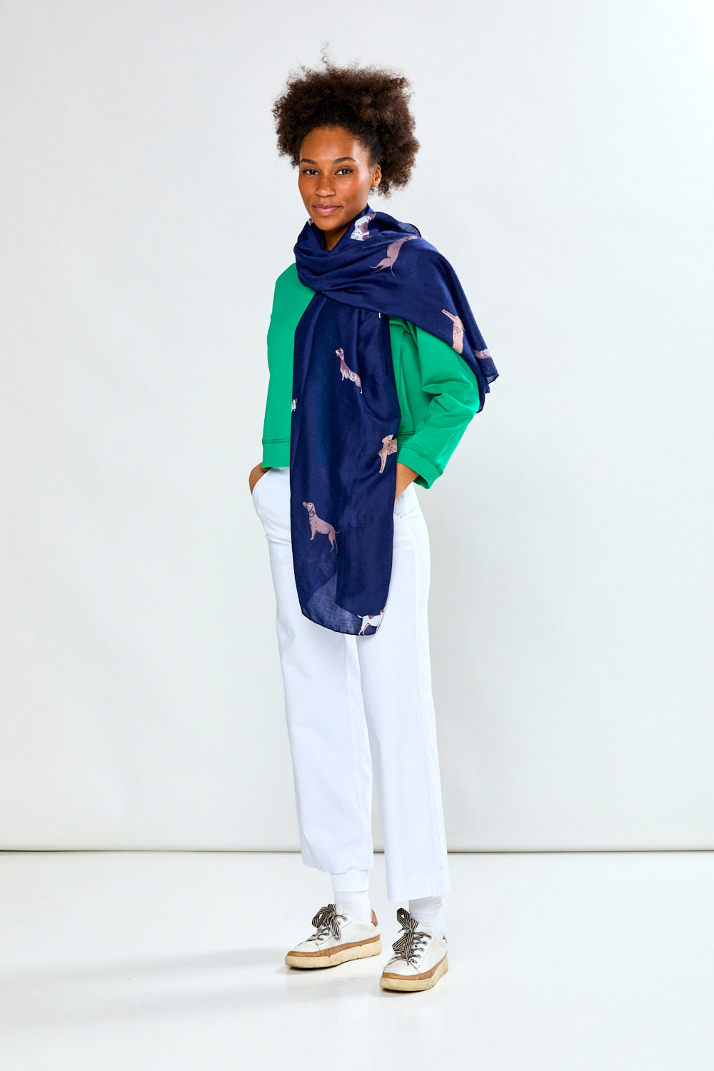 Woman in navy dog scarf