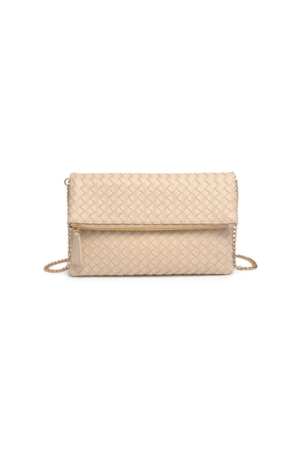 Beige woven handbag with a chain strap on a white background