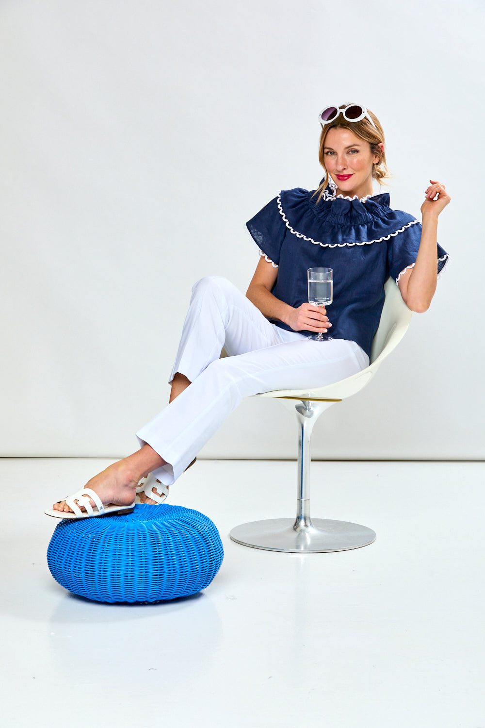 Woman in navy linen blouse