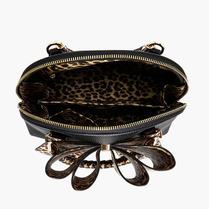 Handbag with leopard bow