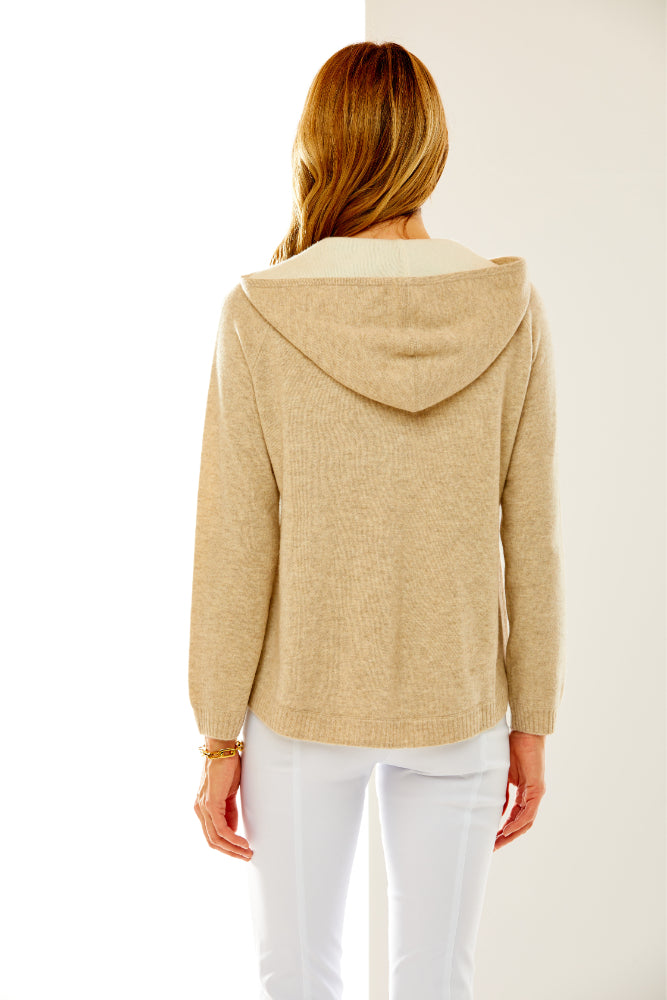 Woman in sand cashmere hoodie