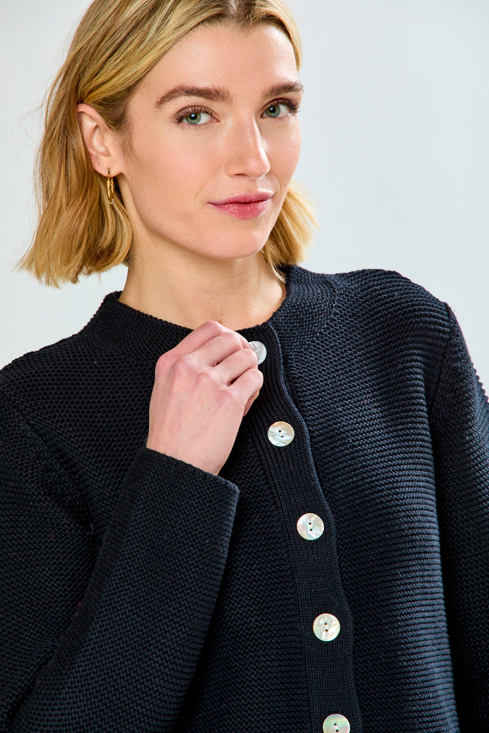 The Button Front Mock Cardigan With Placket - Black – Sara Campbell