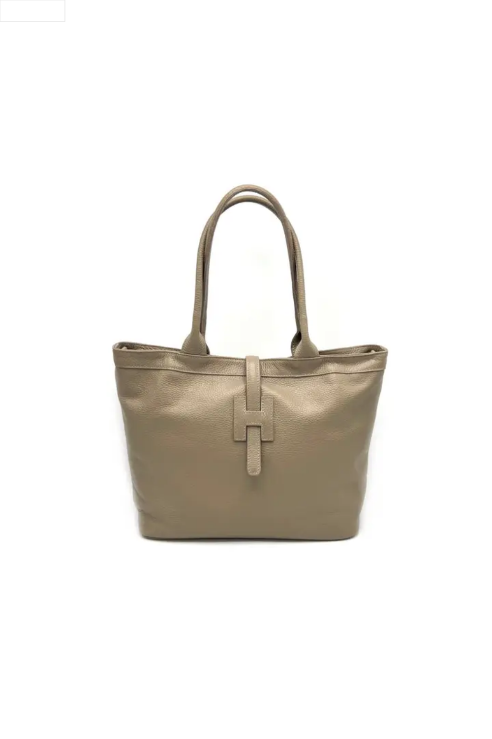 Taupe leather handbag on a white background