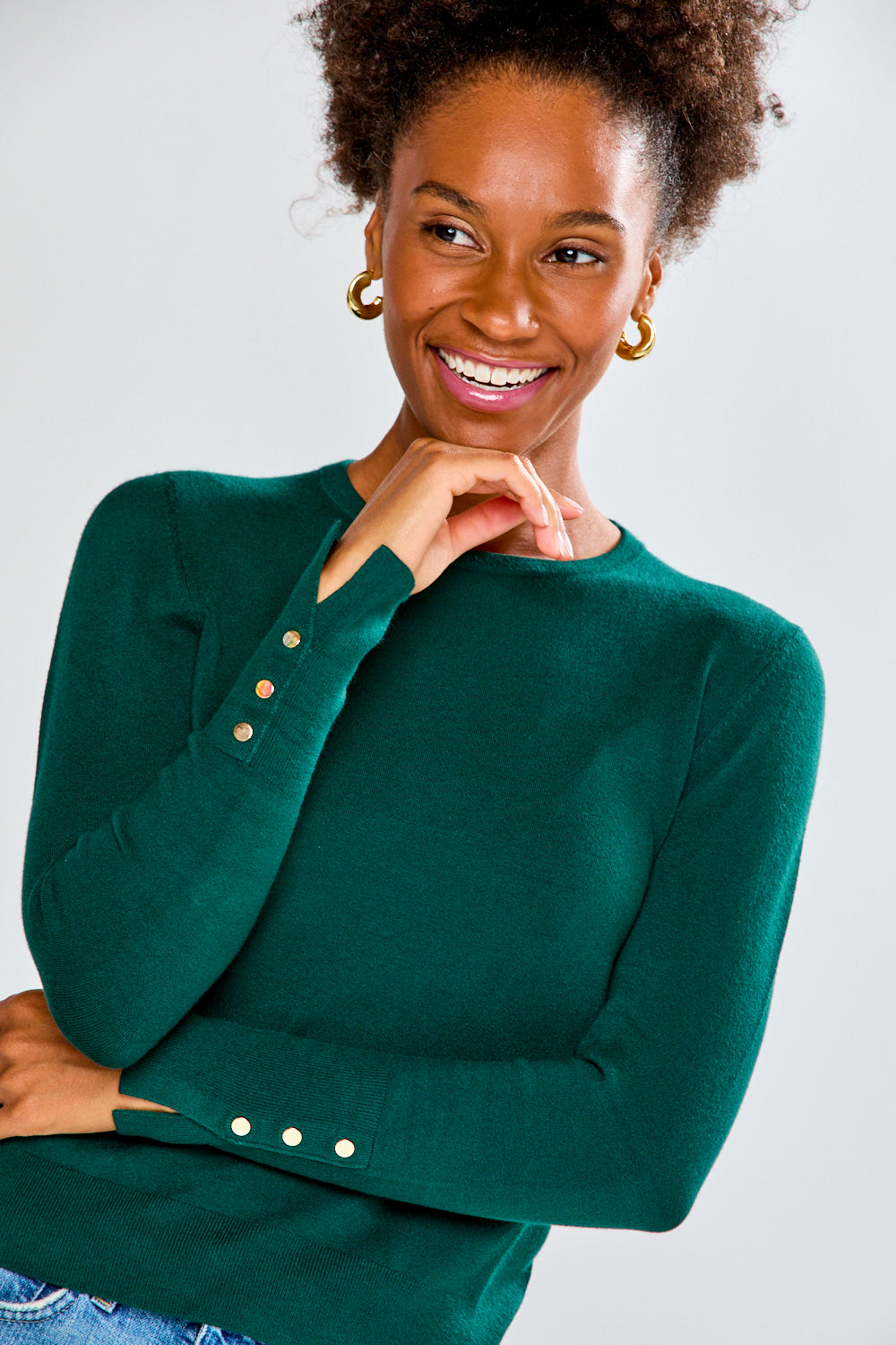Crew Pullover With Button Cuff Slit in Evergreen