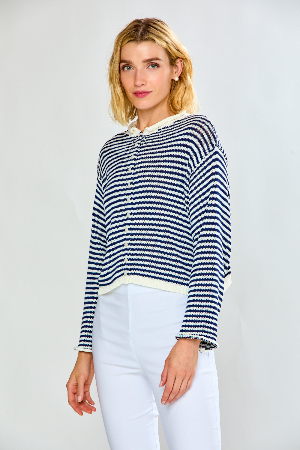 The Striped Button Up Cardigan - Navy & White – Sara Campbell