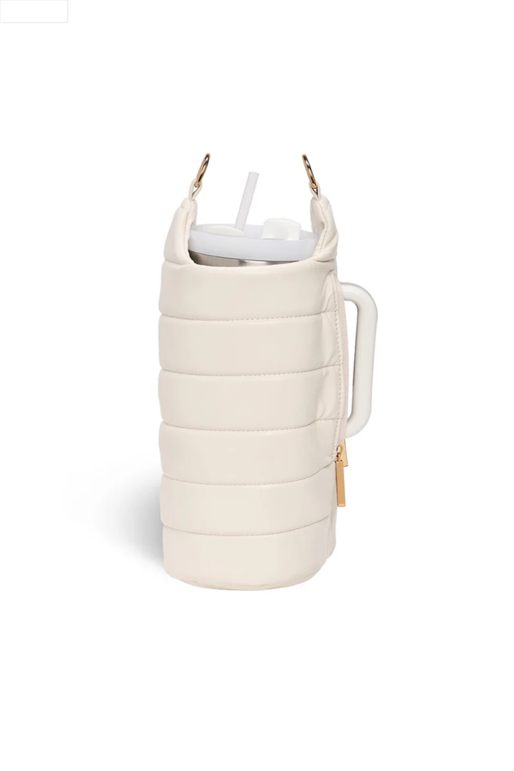 Ivory leather crossbody water bottle bag with gold chain detail on a white background