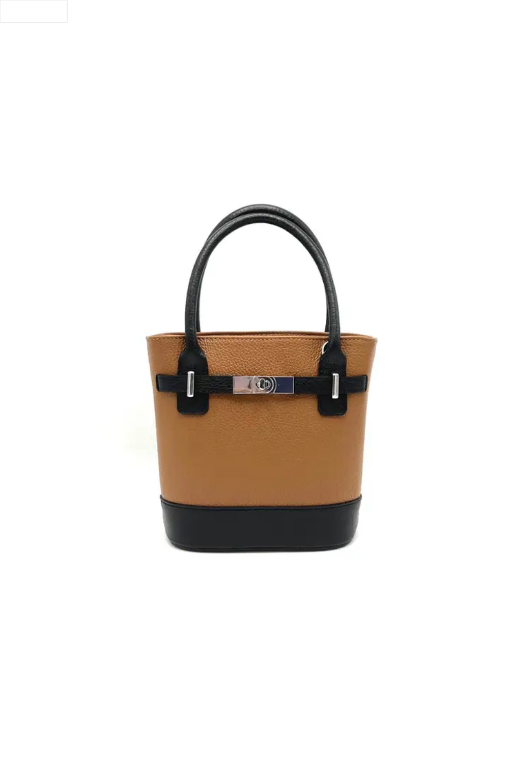 Camel and black handbag with a visible brand logo on a white background