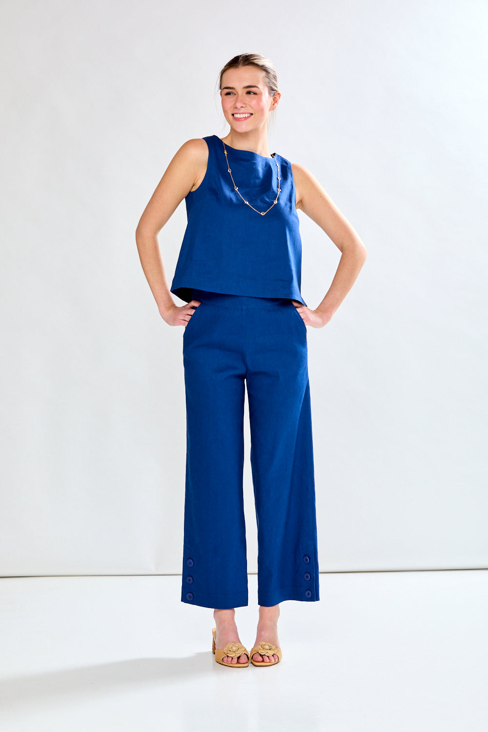 Woman in admiral blue top