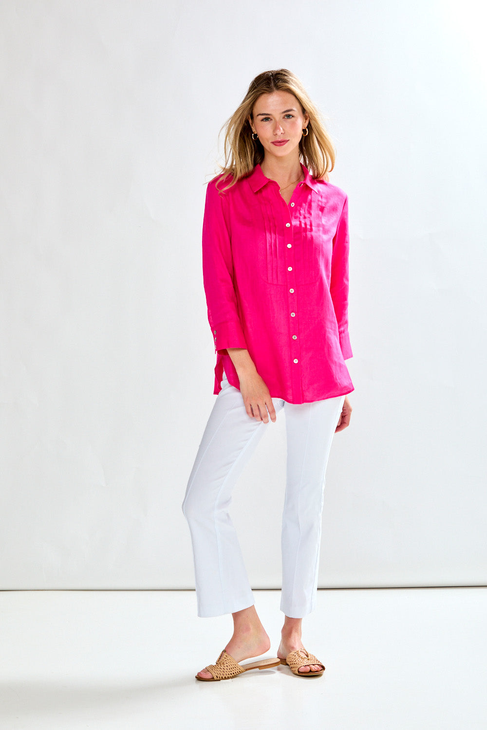 Woman in fuschia blouse