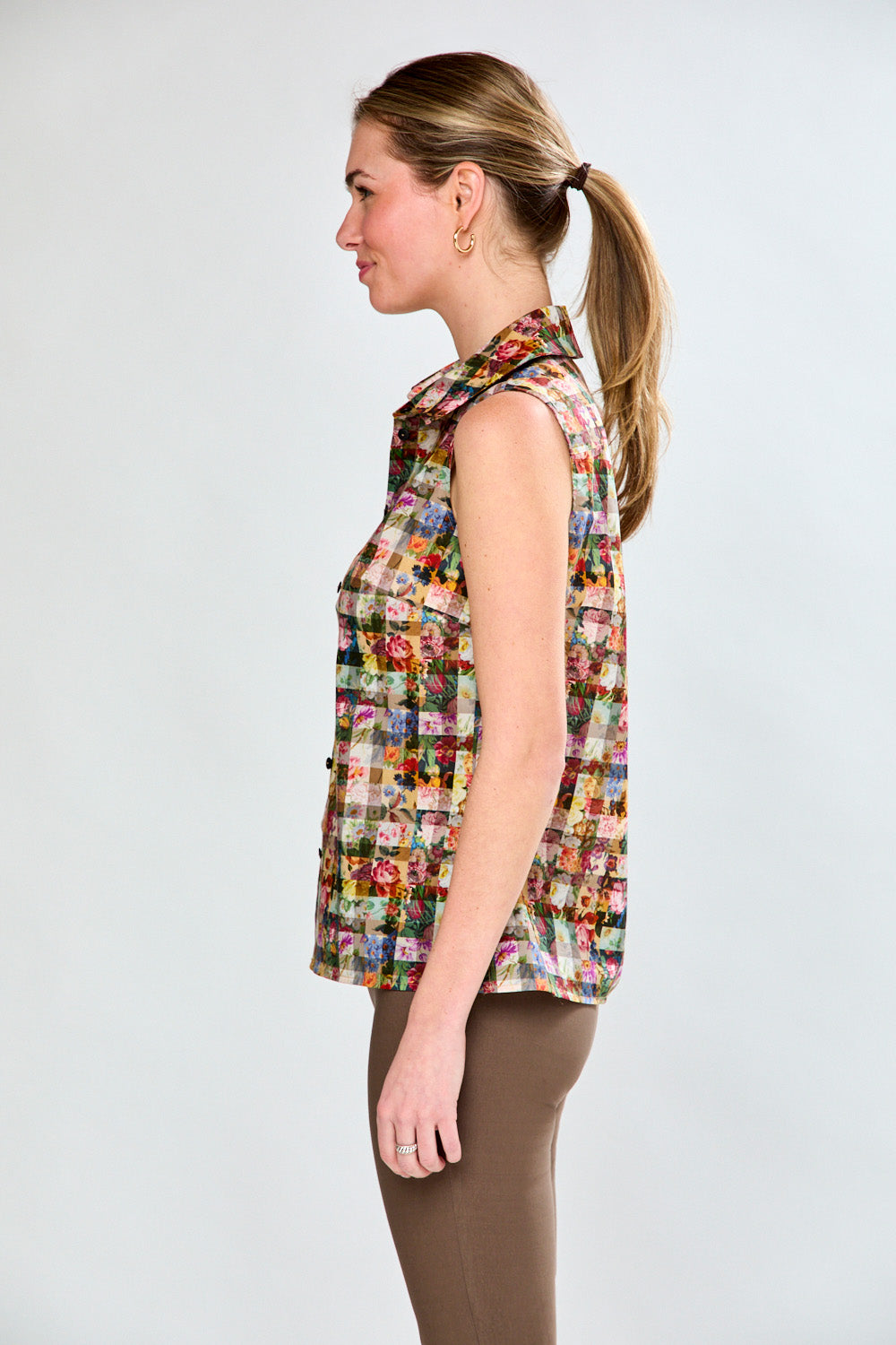 Woman in gingham floral top