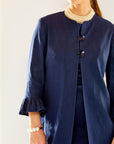 Woman in new indigo jacket