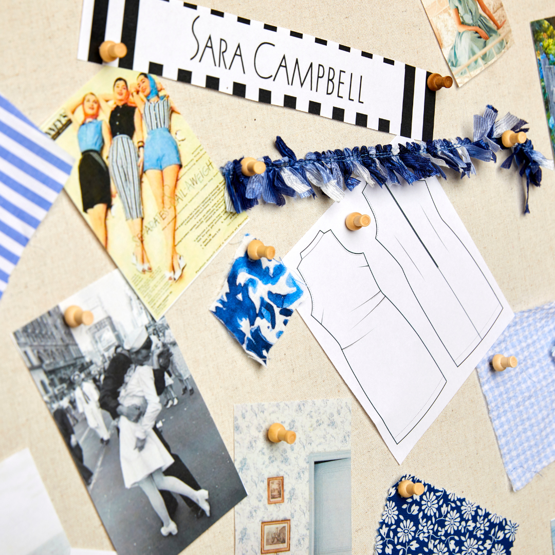 Moodboard of hues of blue, including sketches, fabric swatches, and images.