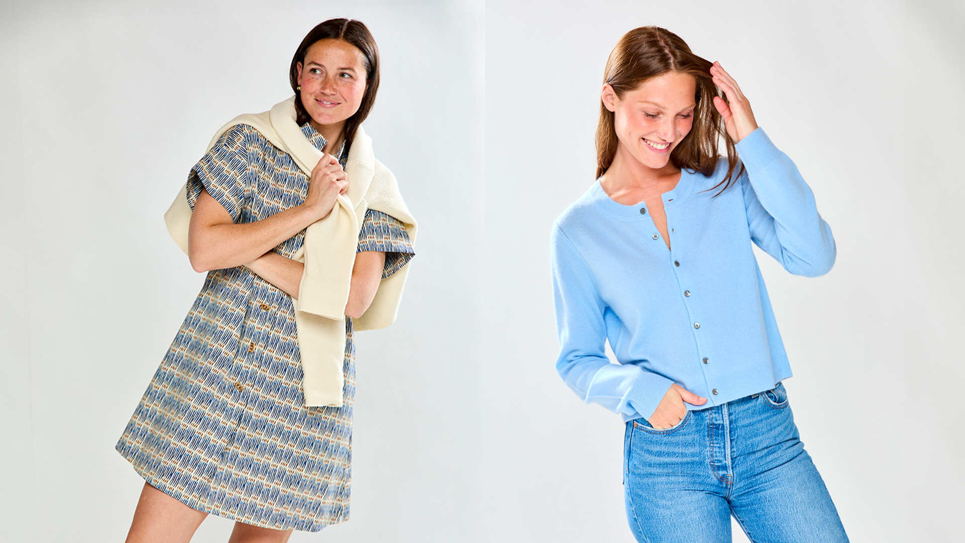 Side by side photos of two women, one in a dress and one in a sweater