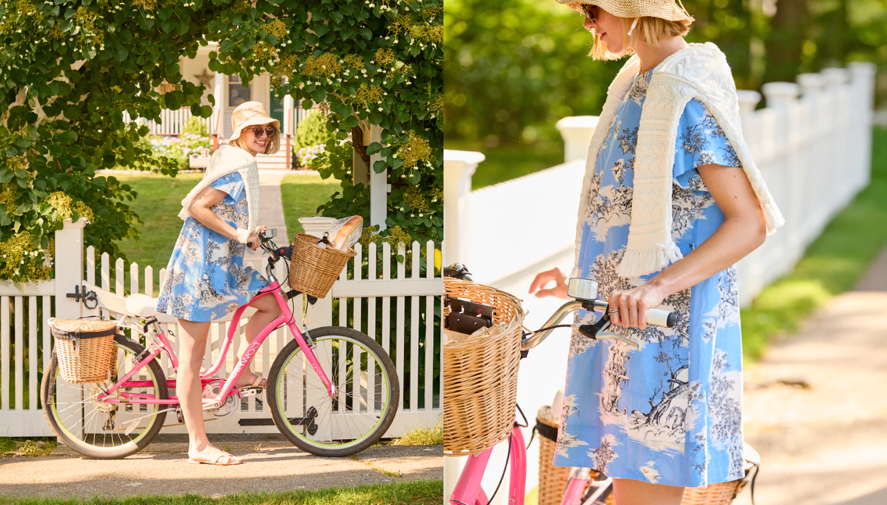 Two side by side photos of a woman on a bike in a blue dress
