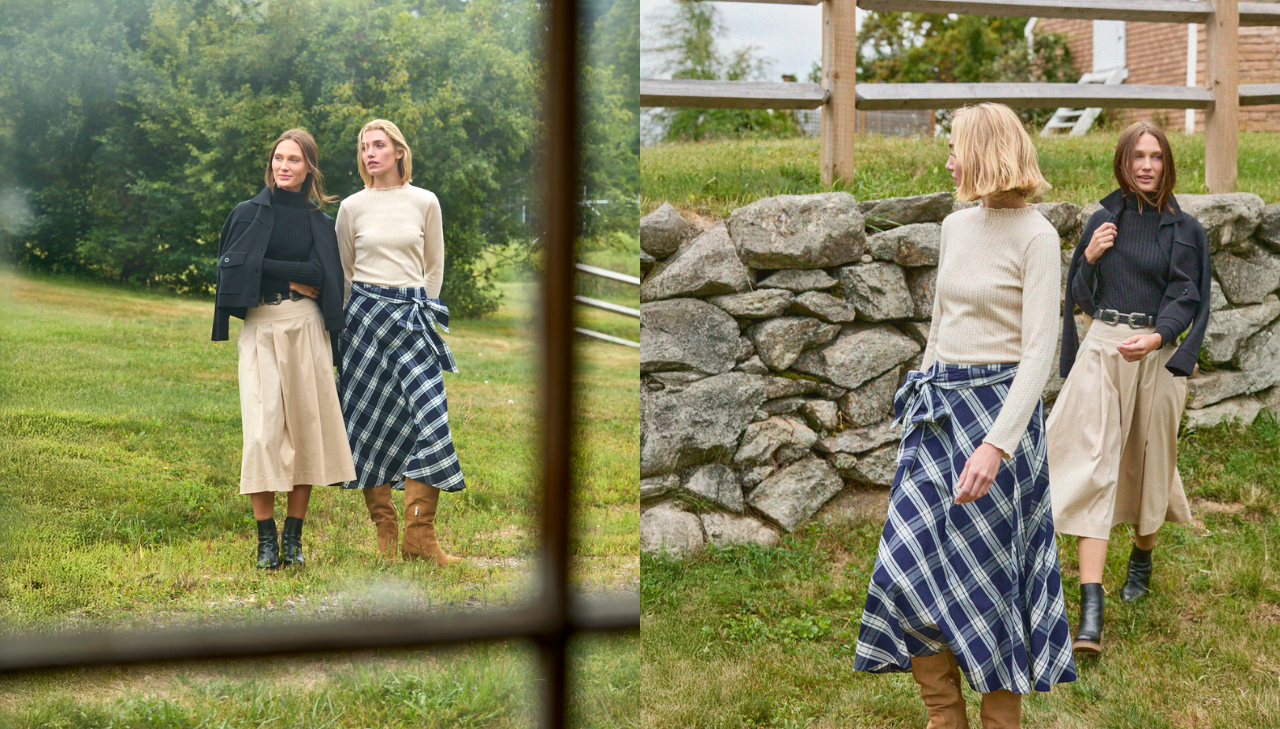Two side by side photos of women walking outside on a farm wearing Sara Campbell outfits