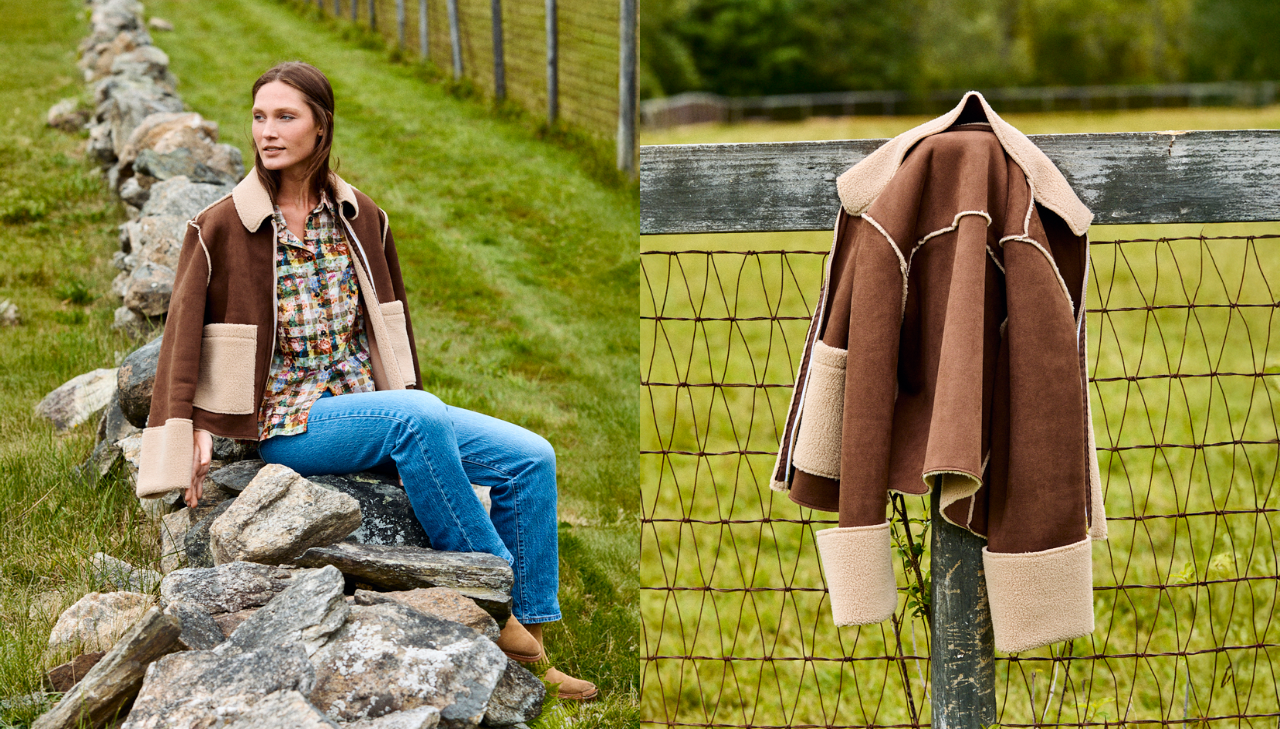 Side by side photos, one of a woman wearing a jacket draped over her shoulders while sitting on a rock wall and one of a jacket hanging on a fence post