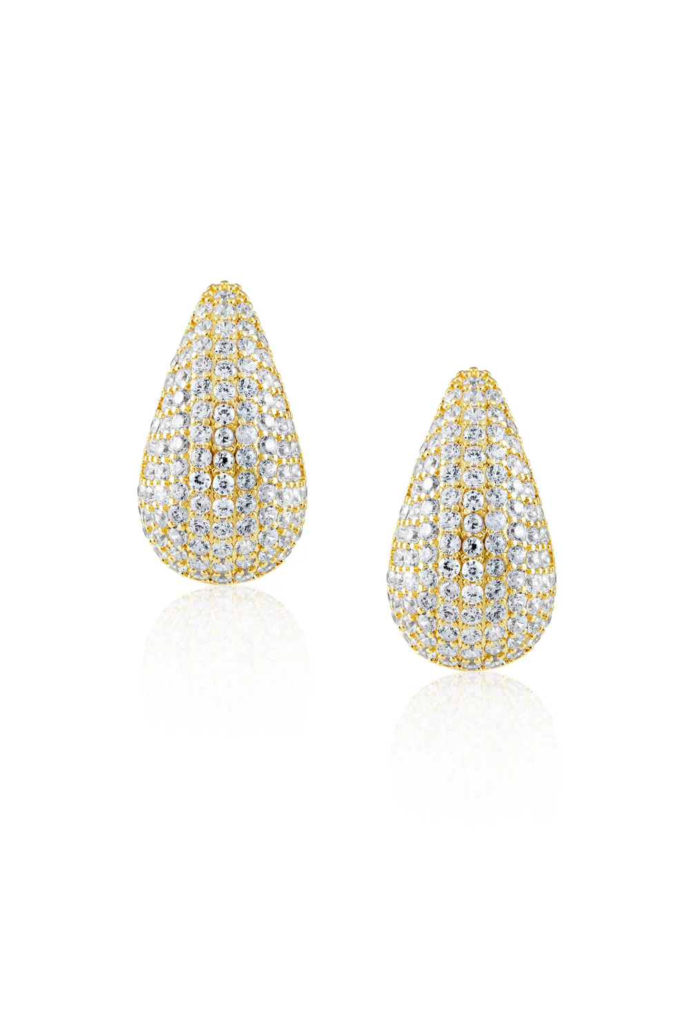 Teardrop-shaped earrings with clear stones on a white background