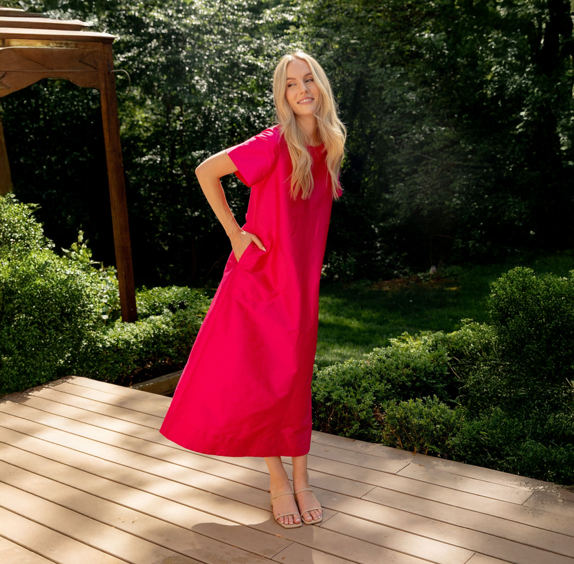 Woman wearing a pink party dress