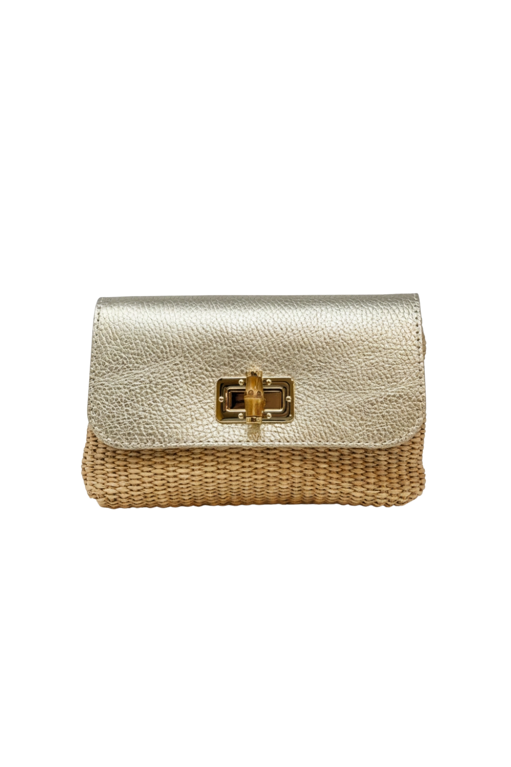 The Leather Bamboo Clasp & Raffia Crossbody Bag in Gold – Sara