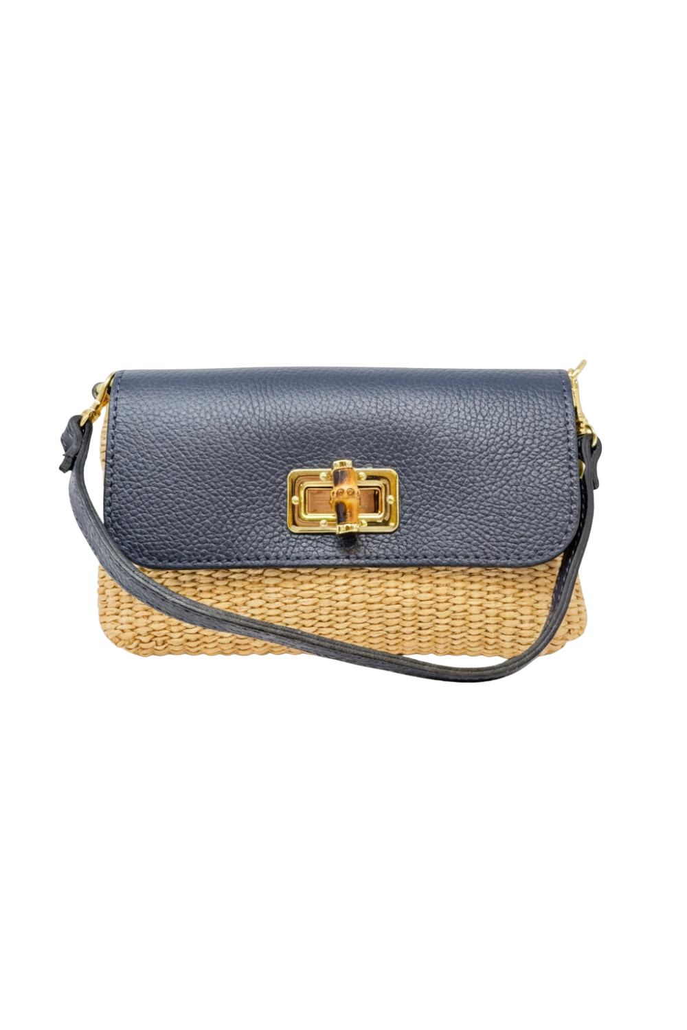 The Leather Bamboo Clasp & Raffia Crossbody Bag in Navy – Sara