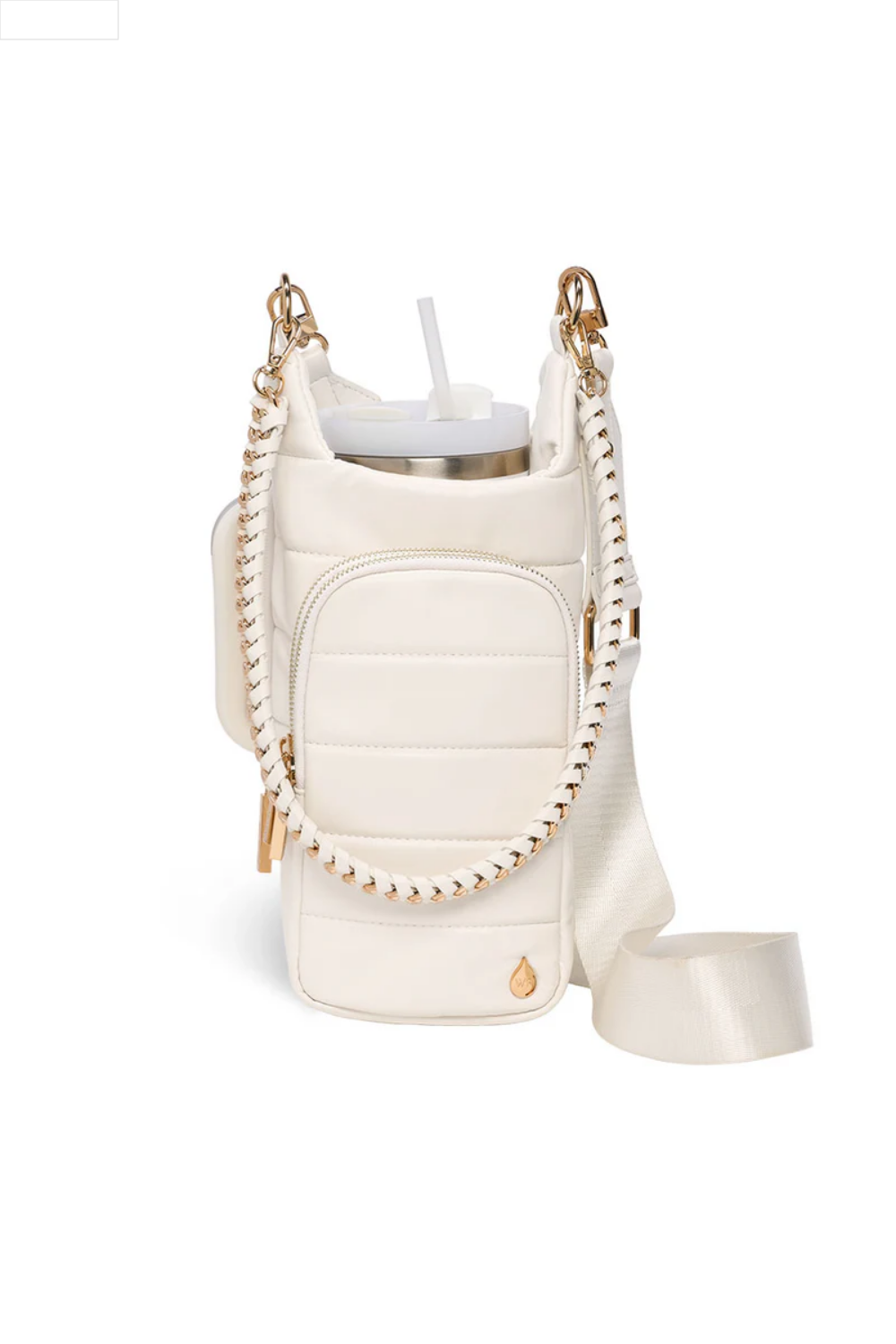Ivory leather crossbody water bottle bag with gold chain detail on a white background