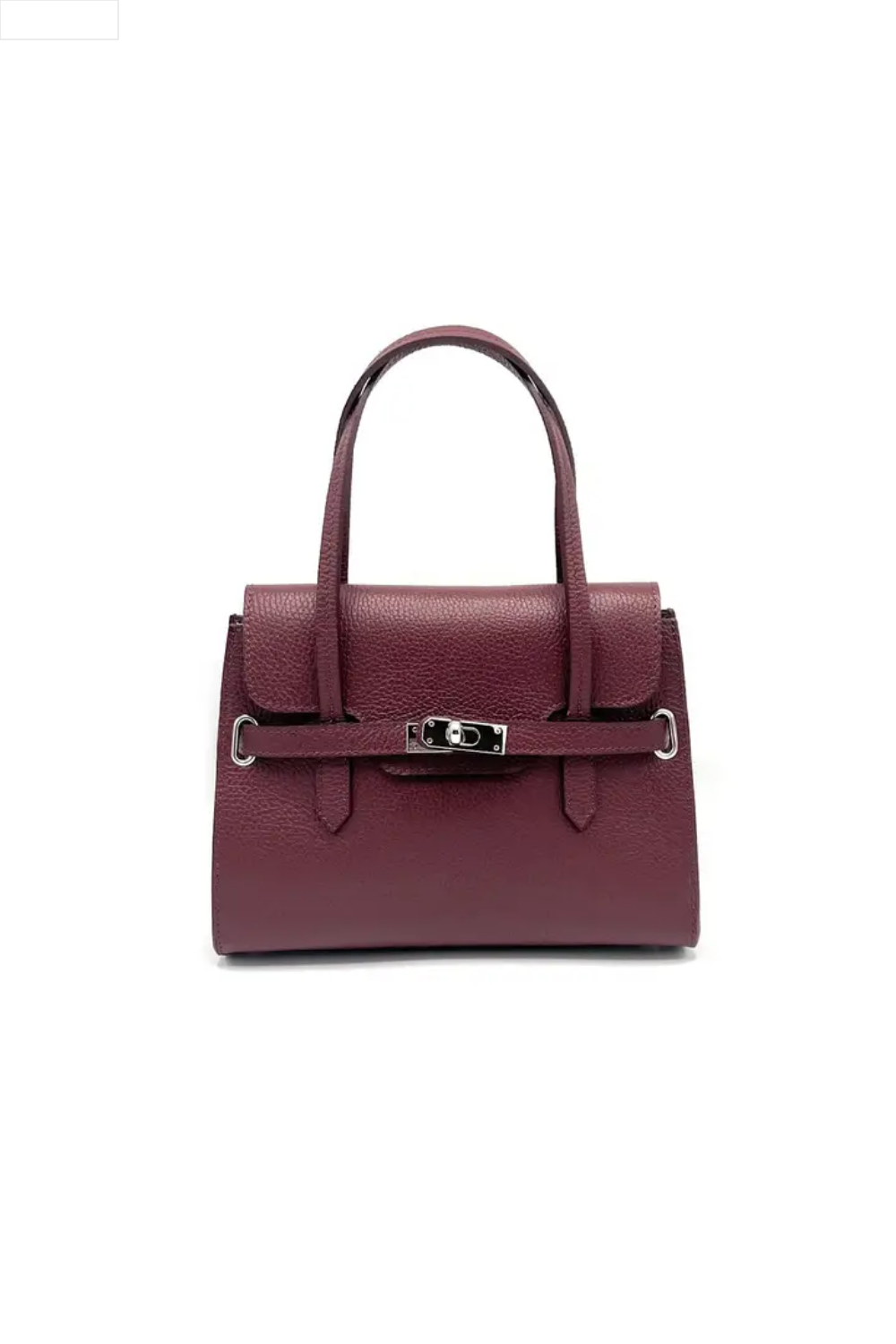 Bordeaux handbag with a silver clasp on a white background