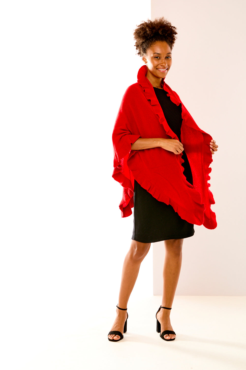 Woman in crimson cashmere triangle wrap