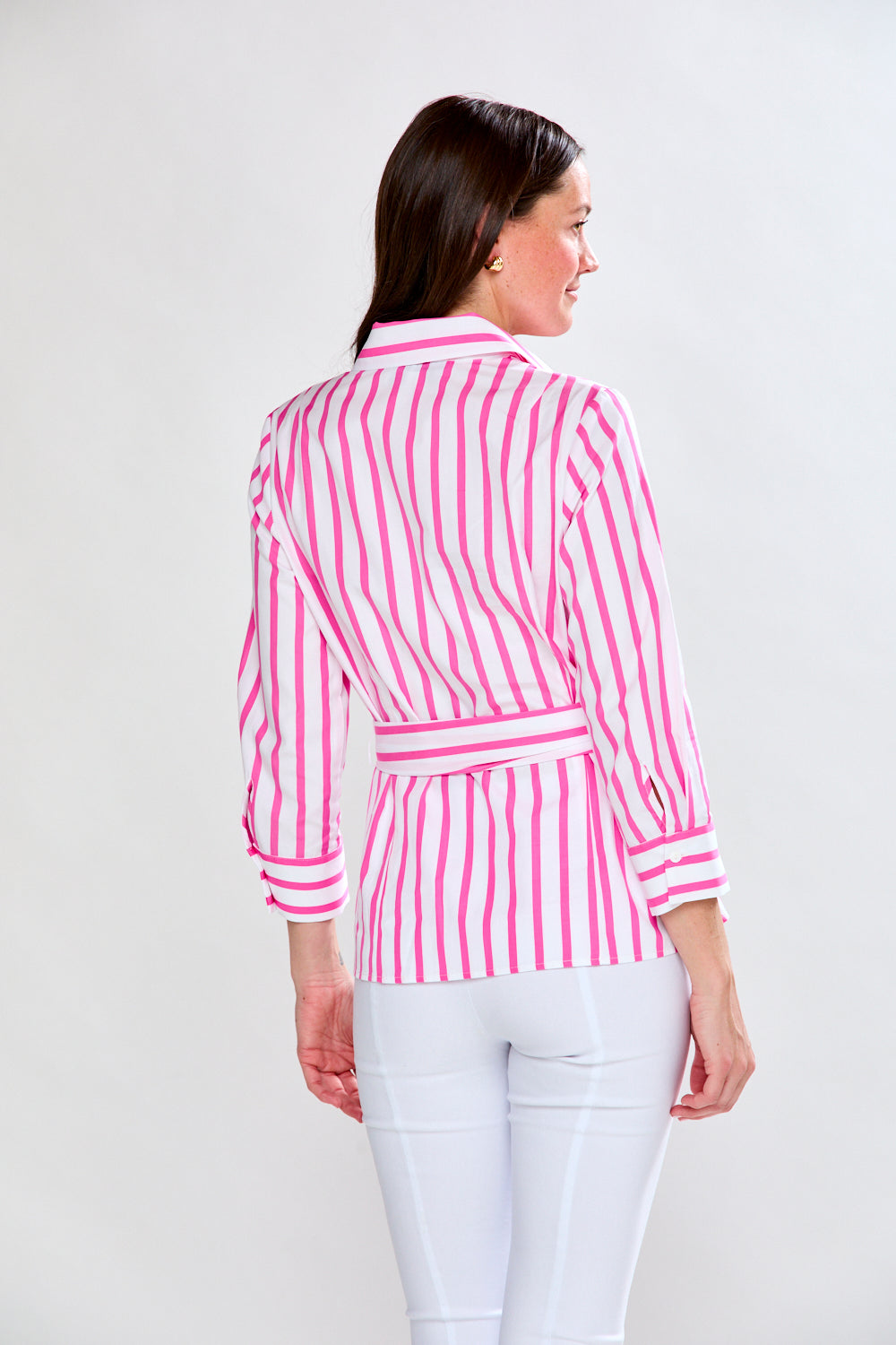 Woman in pink/white stripe top