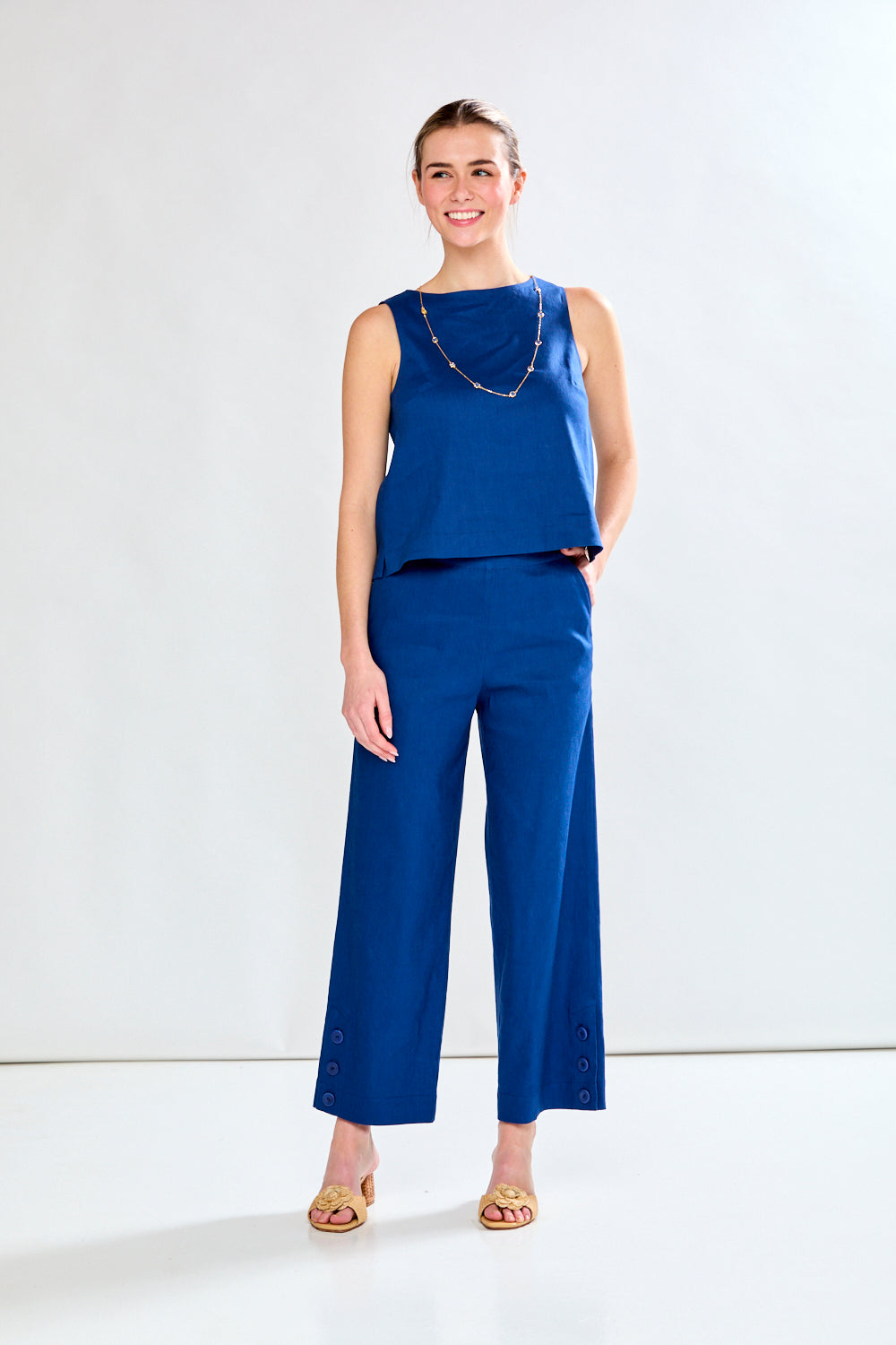Woman in admiral blue top