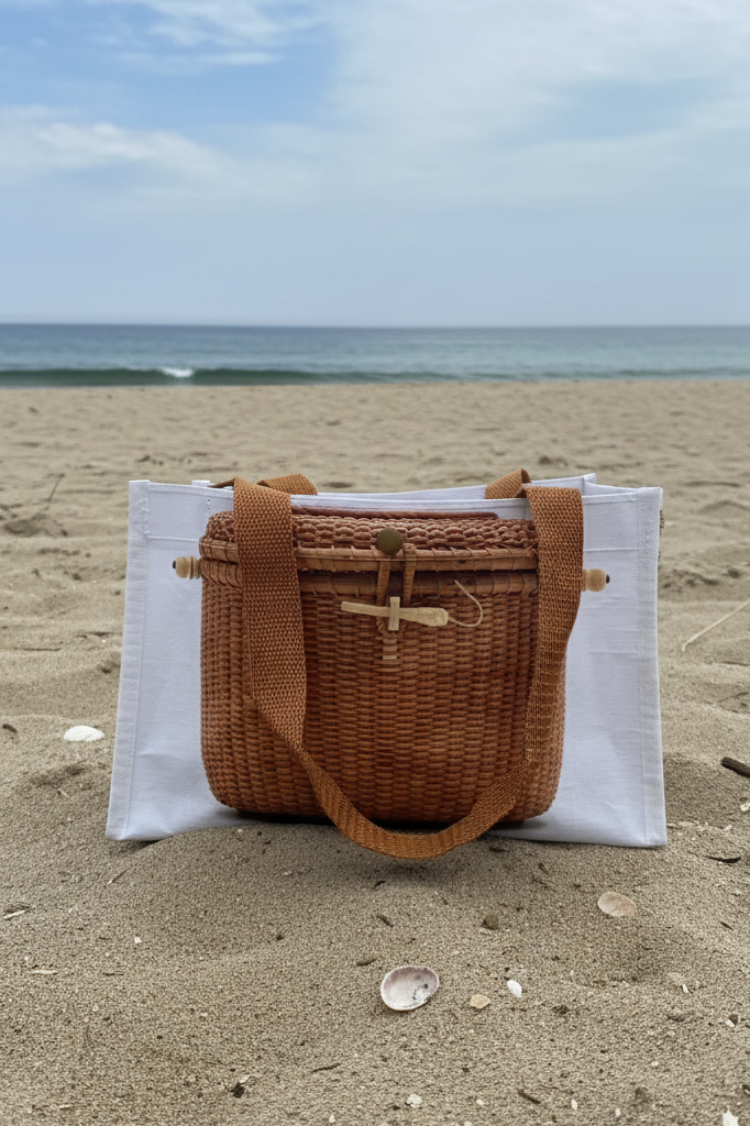 Brown woven handbag on a sandy beach with ocean in the background