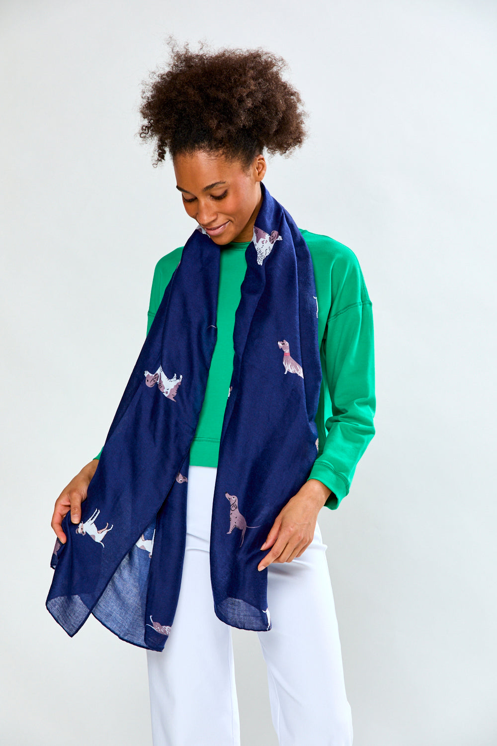 Woman in navy dog scarf