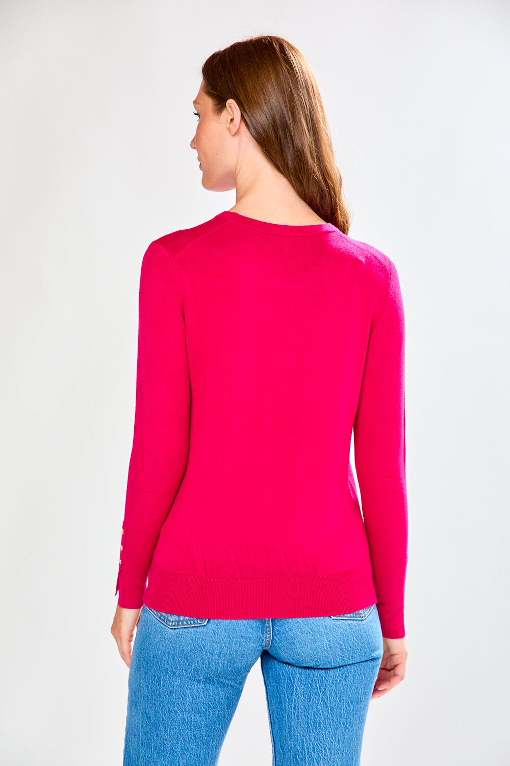 Crew Pullover With Button Cuff Slit in Berry