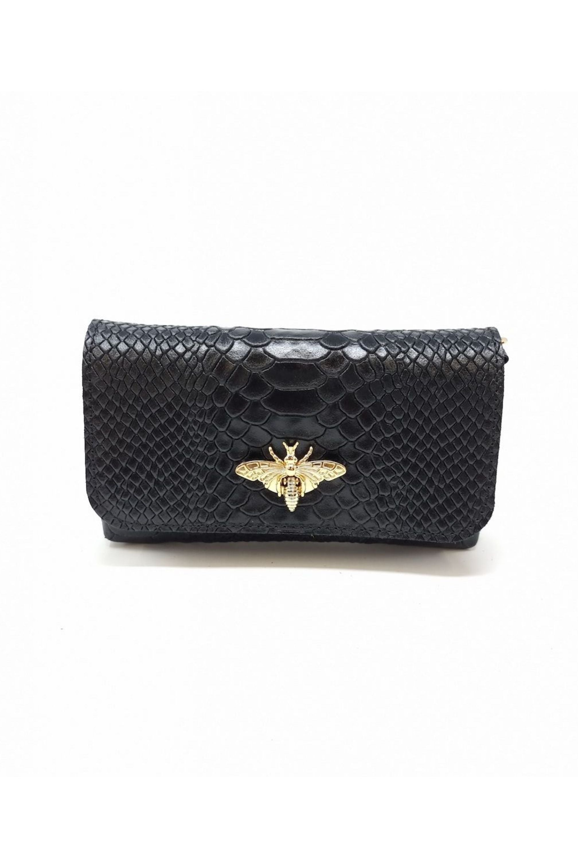 Black handbag with bee embellishment