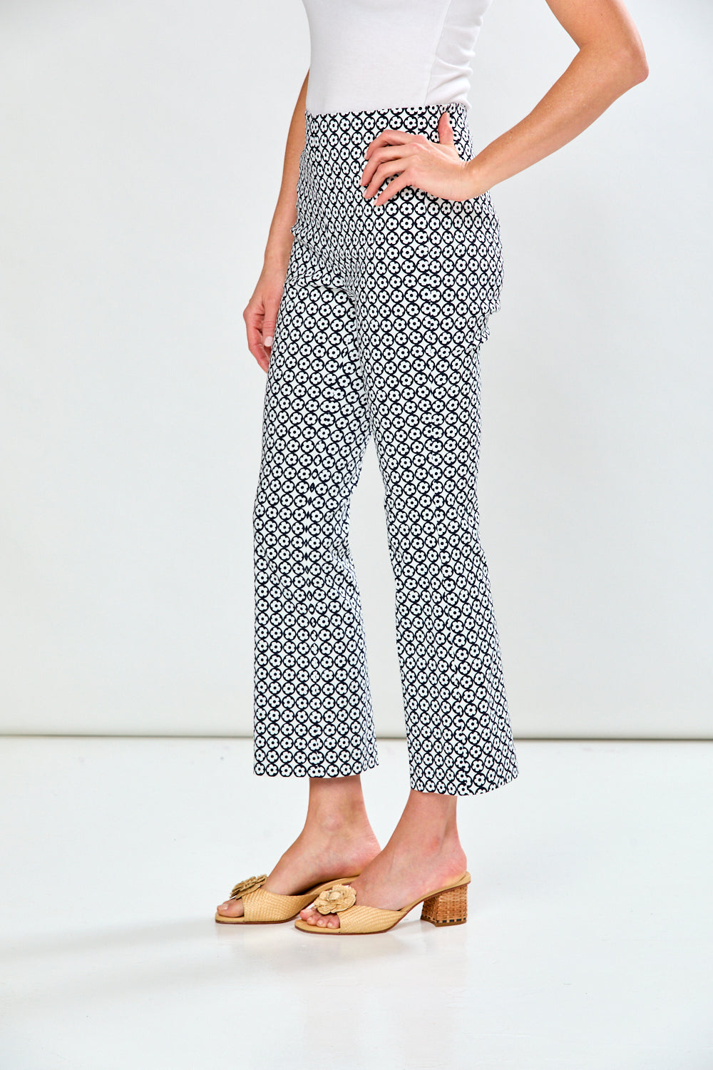 Woman in floral circle pants