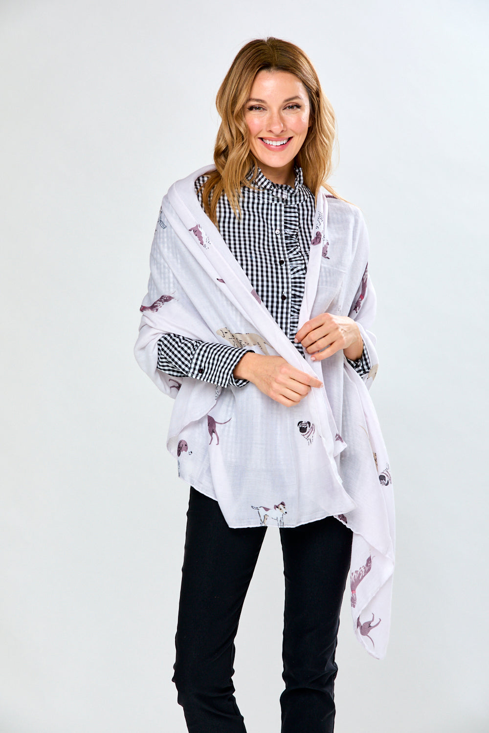 Woman in white dog scarf